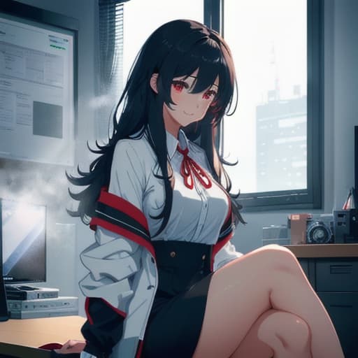  1girl, solo, anime named Emi sitting in an office, black long hair staff, big , looking at viewer, red eyes, smiling. hyperrealistic, full body, detailed clothing, highly detailed, cinematic lighting, stunningly beautiful, intricate, sharp focus, f/1. 8, 85mm, (centered image composition), (professionally color graded), ((bright soft diffused light)), volumetric fog, trending on instagram, trending on tumblr, HDR 4K, 8K