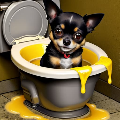  Black tan chihuahua, monster feeling, feces, yellow puddle, toilet seat, zombie, big eyes.