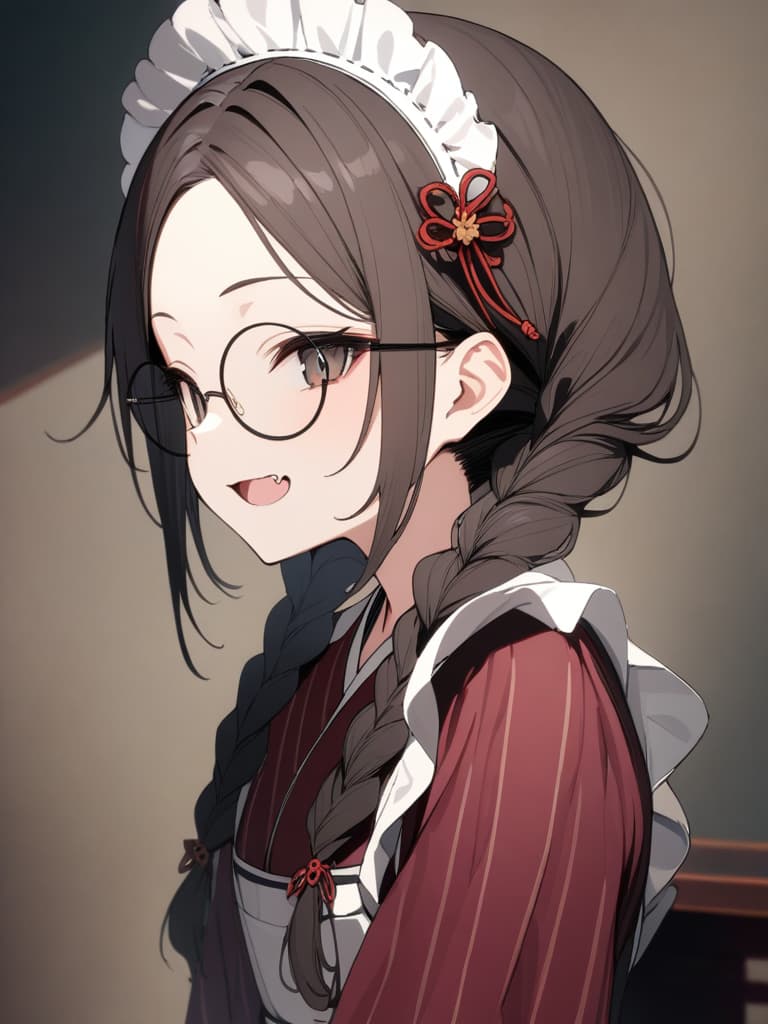  ultra detailed:1.2,masterpiece:1.2,best quality,masterpiece,bestquality,hdr:1.1,8k:1.1,very cute girl:1.3,(wine red color kimono,vertical striped kimono:1.3),(minimum very smallround eyewear:1.7),(dark brown hair:1.3),(black eye:1.2),(maid headdress:1.5),(white apron:1.4),upper body:1.3,face focus:1.4,old Japanese room:1.5,(open mouth,fang:1.4),(light smile:1.3),(twin braids:1.4),(forehead:1.5),hair pin:1.3,(eyes highlights:1.7), masterpiece, best quality,8k,ultra detailed,high resolution,an extremely delicate and beautiful,hyper detail