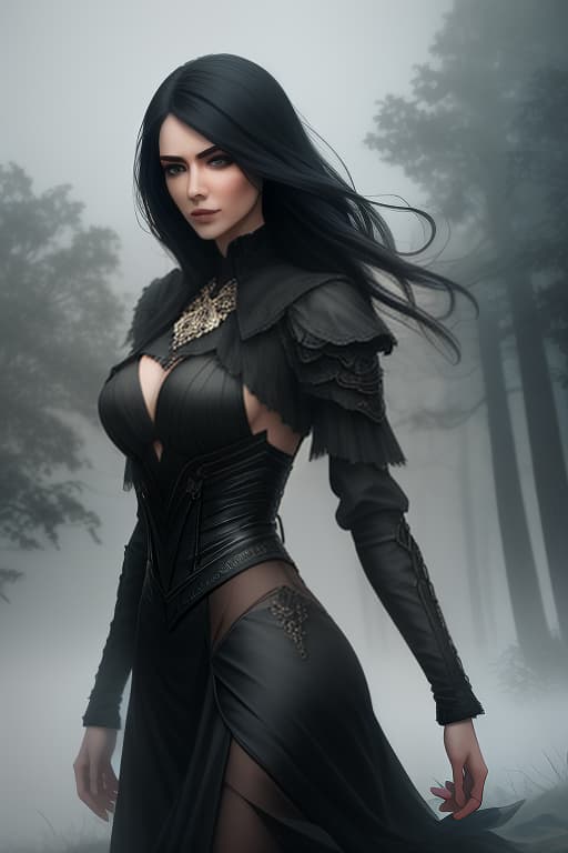  A slender young . Black hair is flowing freely in the wind. Green eyes. There is fog in the background, a gloomy atmosphere hyperrealistic, full body, detailed clothing, highly detailed, cinematic lighting, stunningly beautiful, intricate, sharp focus, f/1. 8, 85mm, (centered image composition), (professionally color graded), ((bright soft diffused light)), volumetric fog, trending on instagram, trending on tumblr, HDR 4K, 8K