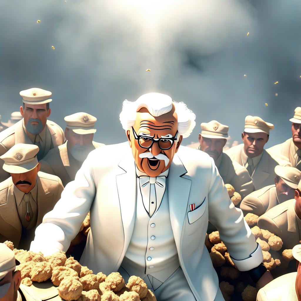  Portrait of the leading political role playing game world crisis 1942, a man who is like the secret government of the world, Colonel Sanders kfc hyperrealistic, full body, detailed clothing, highly detailed, cinematic lighting, stunningly beautiful, intricate, sharp focus, f/1. 8, 85mm, (centered image composition), (professionally color graded), ((bright soft diffused light)), volumetric fog, trending on instagram, trending on tumblr, HDR 4K, 8K