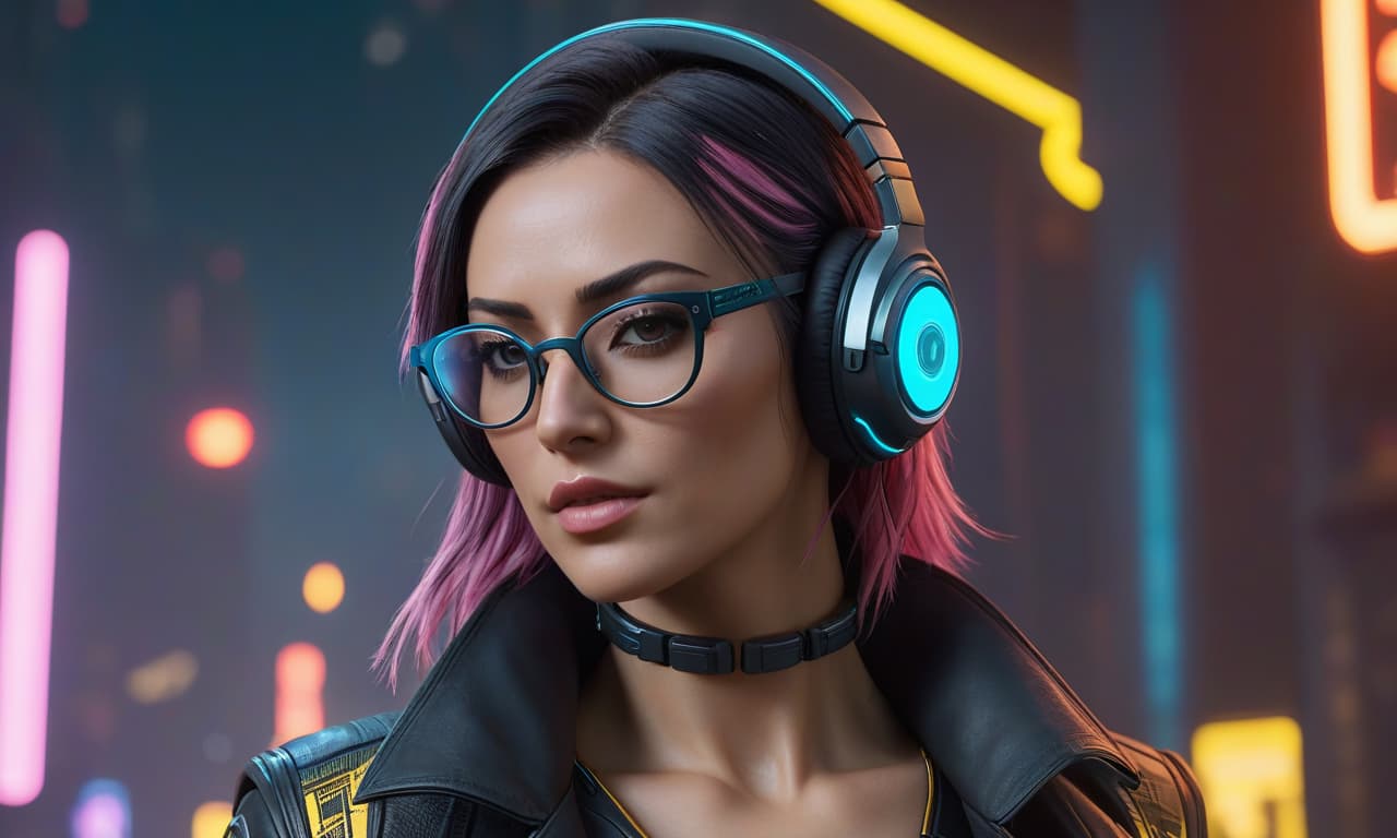  a close up of a person wearing headphones and glasses, style of cyberpunk 2 0 7 7, pexels contest winner, inspired by Eve Ryder, tron legacy setting, photoreal details, cyberpunk angry gorgeous druid, cgsociety inspired, 2030s, dance loop hyperrealistic, full body, detailed clothing, highly detailed, cinematic lighting, stunningly beautiful, intricate, sharp focus, f/1. 8, 85mm, (centered image composition), (professionally color graded), ((bright soft diffused light)), volumetric fog, trending on instagram, trending on tumblr, HDR 4K, 8K