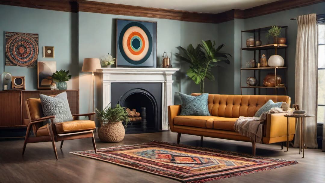  Generate an image of a cozy living room decorated with thrift store finds from the 1960s and 1970s. Include a vintage armchair, a retro coffee table, and a colorful geometric rug. Emphasize the mix of patterns and textures to create a retro and budget friendly ambiance. additional guidelines The image should highlight the essence of retro home interior design with a focus on affordability through thrift store treasures. hyperrealistic, full body, detailed clothing, highly detailed, cinematic lighting, stunningly beautiful, intricate, sharp focus, f/1. 8, 85mm, (centered image composition), (professionally color graded), ((bright soft diffused light)), volumetric fog, trending on instagram, trending on tumblr, HDR 4K, 8K