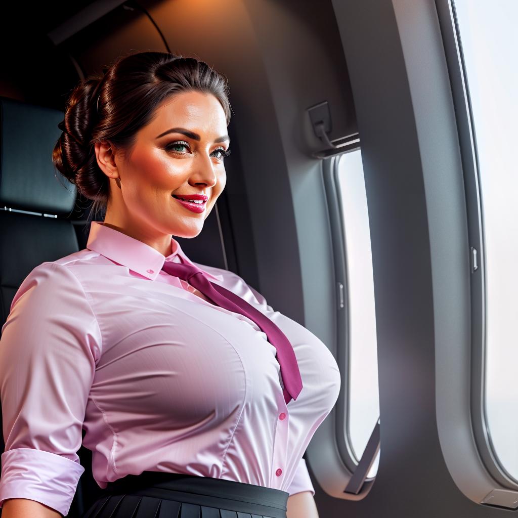  The image shows a Huge Chubby Sexy women in Cabin crew uniforms. she wearing Pink Shirt, black tie, and Black Netted skirt. The shirts are buttoned up that says "Aviator". The skirts are short and pleated. The women smiling and have her hair in buns. She is standing in a Plane cabin, with airplane indoor background, huge fat thighs, Jawline, perfect fingers hyperrealistic, full body, detailed clothing, highly detailed, cinematic lighting, stunningly beautiful, intricate, sharp focus, f/1. 8, 85mm, (centered image composition), (professionally color graded), ((bright soft diffused light)), volumetric fog, trending on instagram, trending on tumblr, HDR 4K, 8K