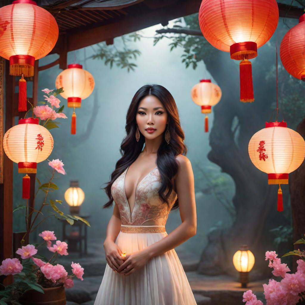  A modern Vietnamese Taurus female with a darker skin tone in a dreamy fantasy lofistyle setting. The scene should feature soft, ethereal lighting, whimsical elements like floating lanterns, fantastical flora, and cozy, relaxed décor. The female figure should have a serene, composed demeanor, embodying Taurus traits, and be integrated with modern fashion or accessories that reflect Vietnamese culture. The overall atmosphere should evoke a sense of dreamy tranquility and fantasy. hyperrealistic, full body, detailed clothing, highly detailed, cinematic lighting, stunningly beautiful, intricate, sharp focus, f/1. 8, 85mm, (centered image composition), (professionally color graded), ((bright soft diffused light)), volumetric fog, trending on instagram, trending on tumblr, HDR 4K, 8K