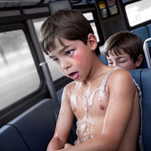  a very sweaty very young boy, caught on a public bus, is discovered by the viewer. The young 's face is rendered in exquisite detail, a look of and arousal as he realizes he's been caught the boy on the bus seat lets out a stream of warm, viscous liquid shooting out from his huge engorged erect tip coating his and splattering onto the floor of the bus, the pinnacle of his is his sweaty features, high-angle shot, dramatic angle, extreme angle shot, photo-realistic, volumetric fog, 85mm lens, HDR, cinematic