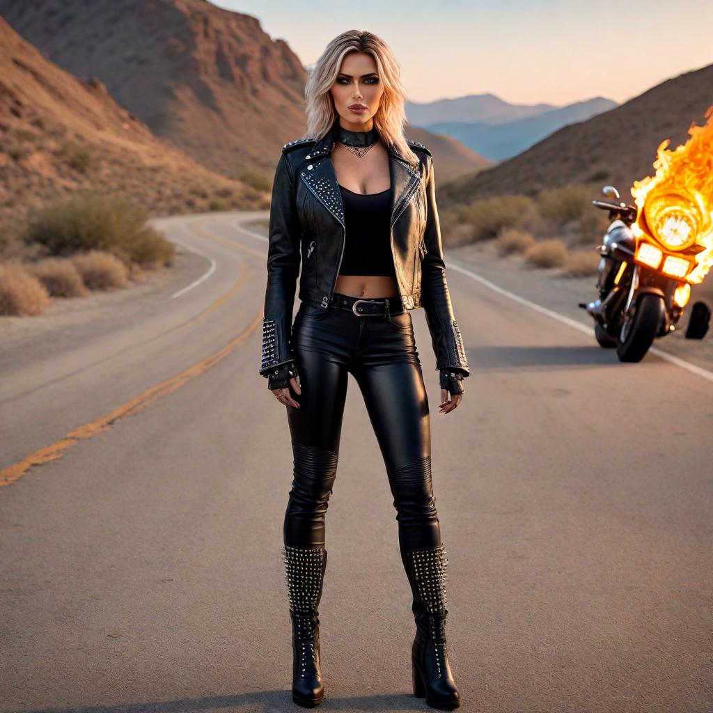  Visualize wrestler Zoey Stark as a badass biker female. Picture her wearing a black leather jacket with metal studs, ripped jeans, and black biker boots. She should have fierce makeup, possibly with dark eyeliner and bold lipstick. Her hair could be flowing freely or tied back in a high ponytail. She is standing next to a powerful motorcycle with flame designs on it, exuding confidence and strength. The background could be a scenic open road with mountains in the distance during sunset, adding a sense of freedom and adventure. hyperrealistic, full body, detailed clothing, highly detailed, cinematic lighting, stunningly beautiful, intricate, sharp focus, f/1. 8, 85mm, (centered image composition), (professionally color graded), ((bright soft diffused light)), volumetric fog, trending on instagram, trending on tumblr, HDR 4K, 8K