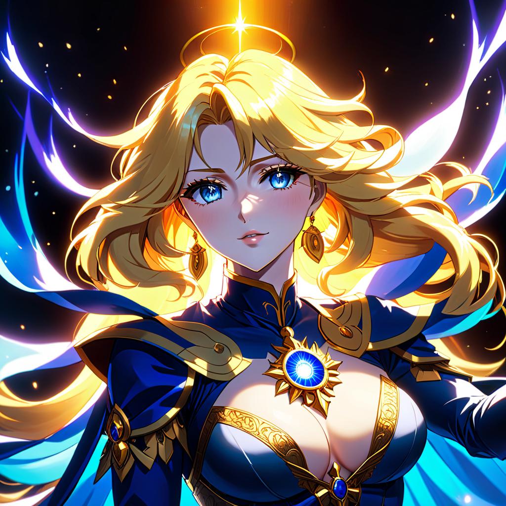  anime artwork Elara, the demi goddess, was a creation from the light, a whirlwind of golden hair and laughter. Her eyes, like sapphire lakes, held the wisdom of centuries. Her touch was filled with the warmth of the sun. She was a beacon of hope in the darkest places, a symbol of purity and elegance in a land of shadows. . anime style, key visual, vibrant, studio anime, highly detailed, hkmagic, oil painting hyperrealistic, full body, detailed clothing, highly detailed, cinematic lighting, stunningly beautiful, intricate, sharp focus, f/1. 8, 85mm, (centered image composition), (professionally color graded), ((bright soft diffused light)), volumetric fog, trending on instagram, trending on tumblr, HDR 4K, 8K