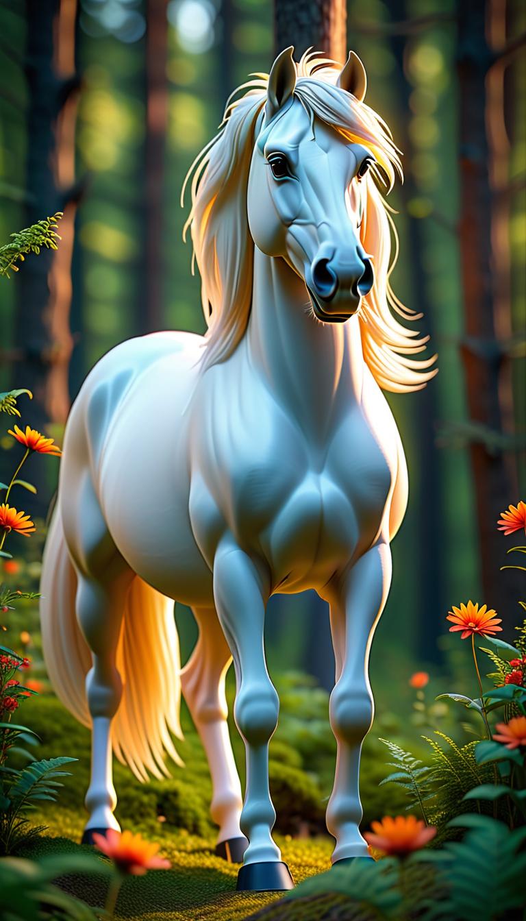  Professional 3D model of A white horse stands in a summery forest that has flower decorations. . Rendered with Octane, the model is highly detailed,dramatic lighting. hyperrealistic, full body, detailed clothing, highly detailed, cinematic lighting, stunningly beautiful, intricate, sharp focus, f/1. 8, 85mm, (centered image composition), (professionally color graded), ((bright soft diffused light)), volumetric fog, trending on instagram, trending on tumblr, HDR 4K, 8K