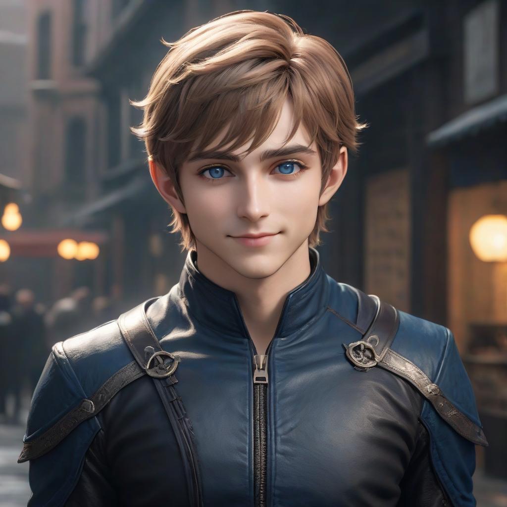  The guy is an elf with light brown hair. The hair is short, slightly curly. The eyes are a bright deep dark blue color. The face is round. He's smiling. His eyes are slyly narrowed. He is confident in himself. He's wearing a black leather jacket. He is a mercenary, a rogue and an adept of Darkness hyperrealistic, full body, detailed clothing, highly detailed, cinematic lighting, stunningly beautiful, intricate, sharp focus, f/1. 8, 85mm, (centered image composition), (professionally color graded), ((bright soft diffused light)), volumetric fog, trending on instagram, trending on tumblr, HDR 4K, 8K