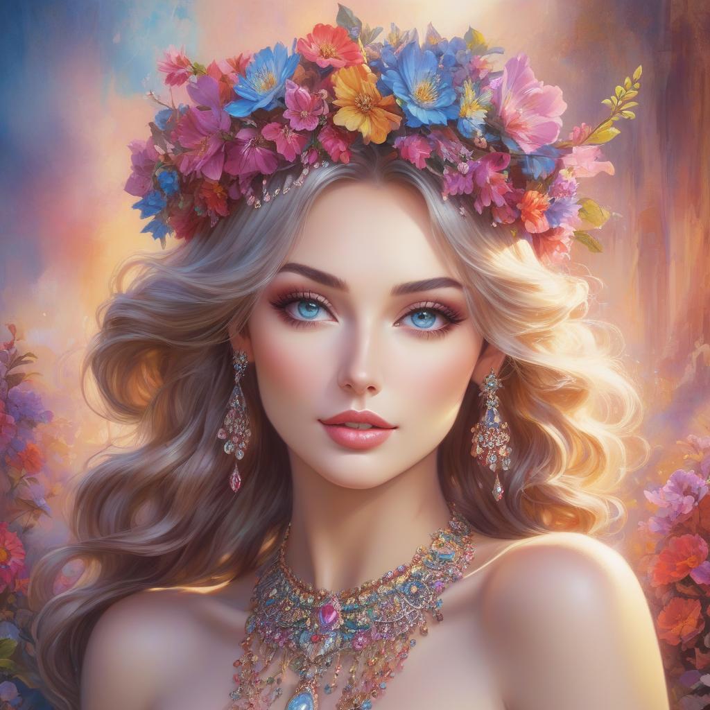  grunge style A portrait of a woman with a flower crown and bejeweled accessories against a soft, colorful background. Watercolor in the style of Josephine Wall, Tomasz Allen Kopera, Dariusz Zawadzki, Andreja Peklar, Ivan Shiskine,Create an image of a young woman with a radiant and cheerful expression. Her skin is smooth with a fair complexion. She has large, captivating eyes with a gentle gaze and well defined eyebrows. Her full lips curve into a warm, inviting smile that enhances her approachable aura. Her hair is voluminous and flows in luxurious, well defined waves, cascading around her face and shoulders. The hair color is a soft, monochromatic hue that harmonizes with the colour tone of the image, giving an overall classical and timele hyperrealistic, full body, detailed clothing, highly detailed, cinematic lighting, stunningly beautiful, intricate, sharp focus, f/1. 8, 85mm, (centered image composition), (professionally color graded), ((bright soft diffused light)), volumetric fog, trending on instagram, trending on tumblr, HDR 4K, 8K