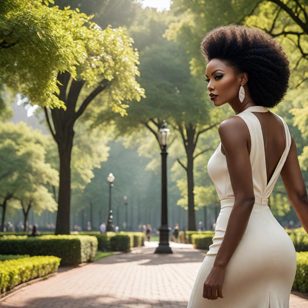  Create an image of a black woman with luxurious designer clothing. She should have black hair and exude sophistication while walking in a park in Atlanta, Georgia. The image should showcase her wearing different designer outfits in individual variations. The image should be captured using a high-resolution 16K camera with a 16:9 aspect ratio, a raw style, and a quality setting of 2. hyperrealistic, full body, detailed clothing, highly detailed, cinematic lighting, stunningly beautiful, intricate, sharp focus, f/1. 8, 85mm, (centered image composition), (professionally color graded), ((bright soft diffused light)), volumetric fog, trending on instagram, trending on tumblr, HDR 4K, 8K