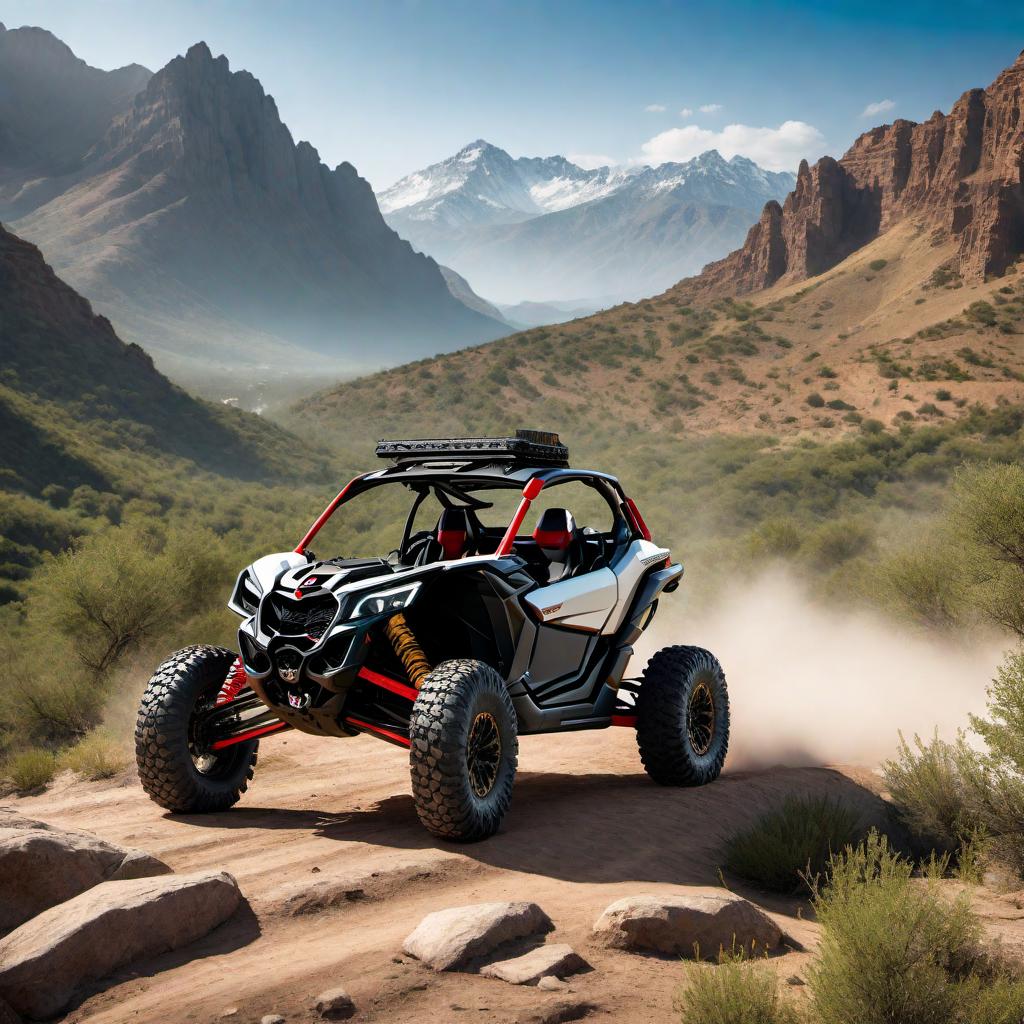  A custom Can-Am Maverick X3 off-roading on rugged terrain. The vehicle should have large, heavy-duty tires, a robust suspension system, and a powerful engine. The scene should depict the Maverick X3 conquering rocky hills and muddy trails, with dirt flying to emphasize the off-road adventure. The background can include mountains and a clear blue sky to highlight the outdoor setting. hyperrealistic, full body, detailed clothing, highly detailed, cinematic lighting, stunningly beautiful, intricate, sharp focus, f/1. 8, 85mm, (centered image composition), (professionally color graded), ((bright soft diffused light)), volumetric fog, trending on instagram, trending on tumblr, HDR 4K, 8K