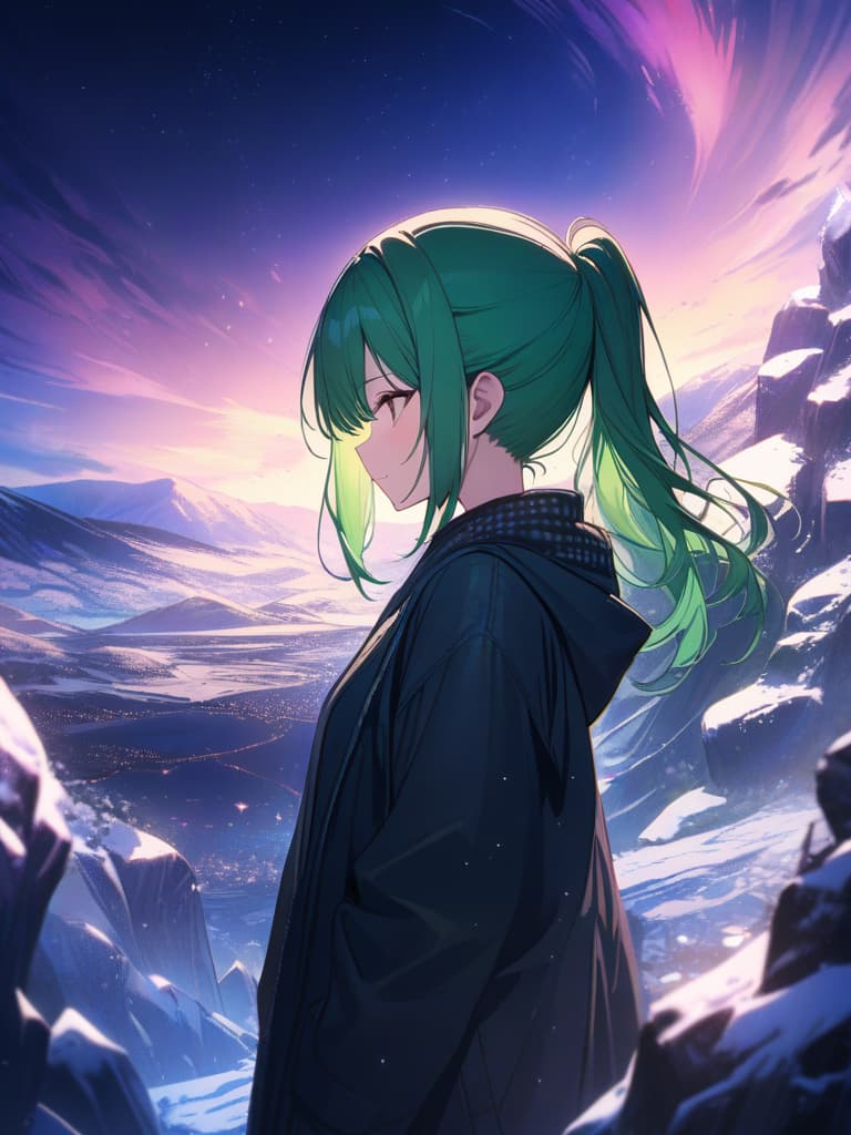  Surrounded by crystals, night sky, aurora, magical , green hair, ponytail, big s, masterpiece, best quality,8k,ultra detailed,high resolution,an extremely delicate and beautiful,hyper detail