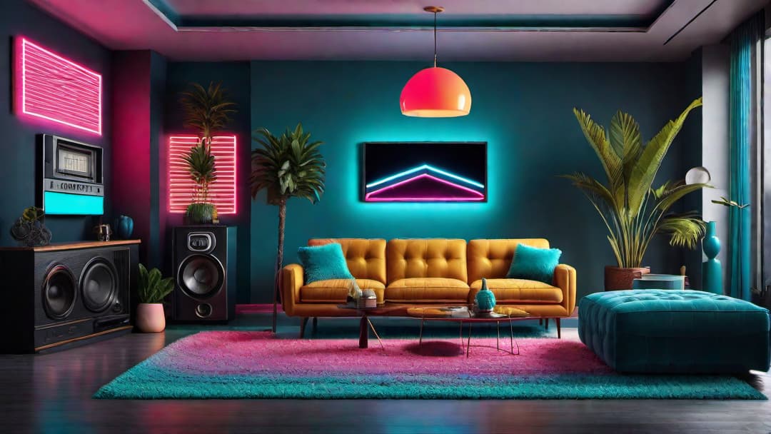  Create an image of a vibrant living room inspired by 80s retro home interior design. The room should feature bold colors like pink, teal, and yellow on the walls with busy geometric patterns. Include oversized, plush sofas and armchairs in funky designs, along with a central coffee table on a colorful shag rug. Decorate the space with retro accessories like lava lamps, neon signs, and vintage stereo systems to embody the spirit of the 80s era in home decor. hyperrealistic, full body, detailed clothing, highly detailed, cinematic lighting, stunningly beautiful, intricate, sharp focus, f/1. 8, 85mm, (centered image composition), (professionally color graded), ((bright soft diffused light)), volumetric fog, trending on instagram, trending on tumblr, HDR 4K, 8K