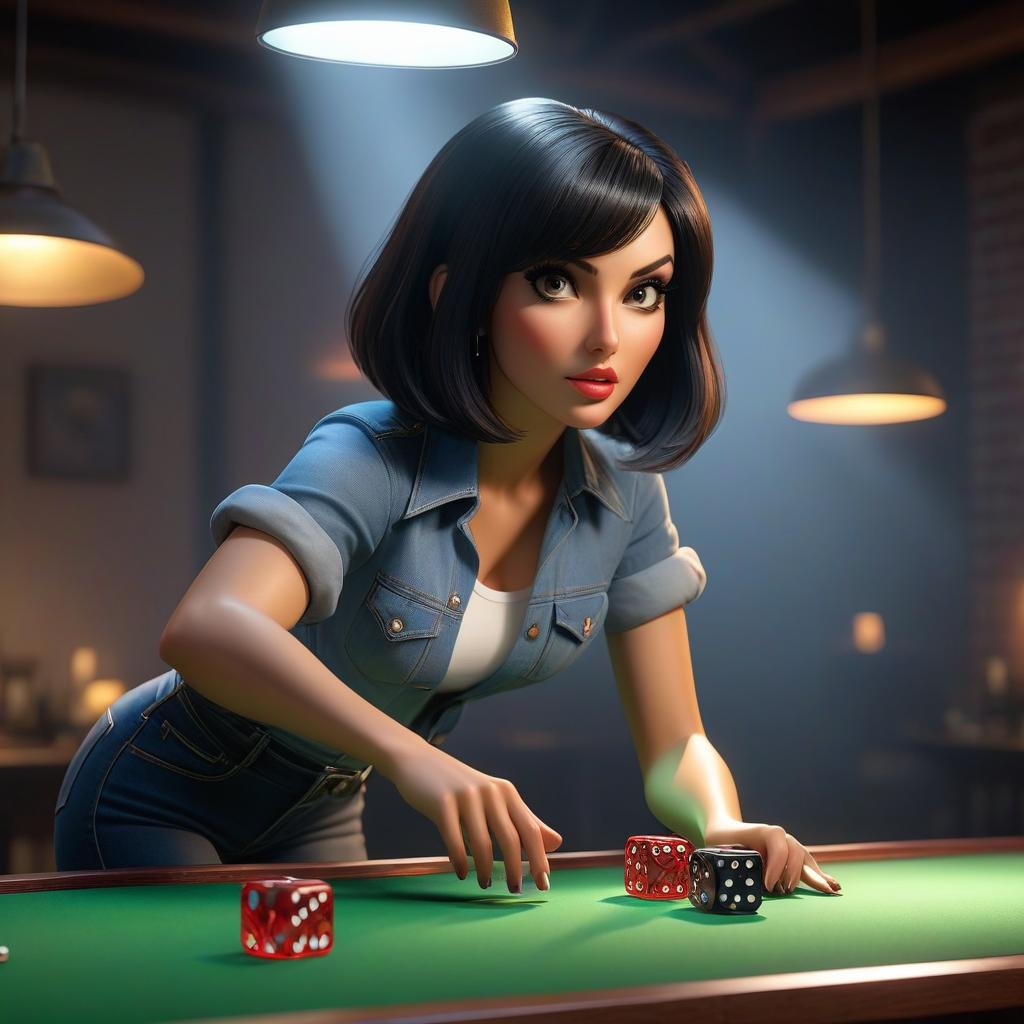  A with dark hair, a bob hairstyle, dressed in a black and jeans shorts, throws dice on the table, straight on view, with fluorescent lighting. hyperrealistic, full body, detailed clothing, highly detailed, cinematic lighting, stunningly beautiful, intricate, sharp focus, f/1. 8, 85mm, (centered image composition), (professionally color graded), ((bright soft diffused light)), volumetric fog, trending on instagram, trending on tumblr, HDR 4K, 8K