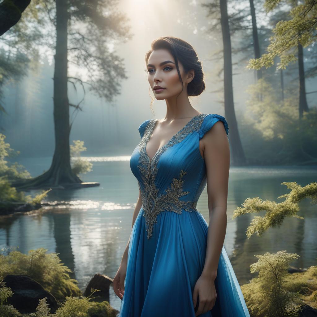  A woman in a blue dress stands by a serene lake surrounded by forest, with soft sunlight filtering through the trees. hyperrealistic, full body, detailed clothing, highly detailed, cinematic lighting, stunningly beautiful, intricate, sharp focus, f/1. 8, 85mm, (centered image composition), (professionally color graded), ((bright soft diffused light)), volumetric fog, trending on instagram, trending on tumblr, HDR 4K, 8K