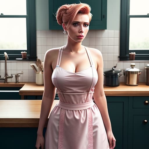  portrait of Scarlett Johansson dressed in playful maid, undercut hair, Baker under apron, amazing body, pronounced feminine feature, huge boobs, kitchen, [ash blonde | ginger | pink hair], freckles, flirting with camera hyperrealistic, full body, detailed clothing, highly detailed, cinematic lighting, stunningly beautiful, intricate, sharp focus, f/1. 8, 85mm, (centered image composition), (professionally color graded), ((bright soft diffused light)), volumetric fog, trending on instagram, trending on tumblr, HDR 4K, 8K