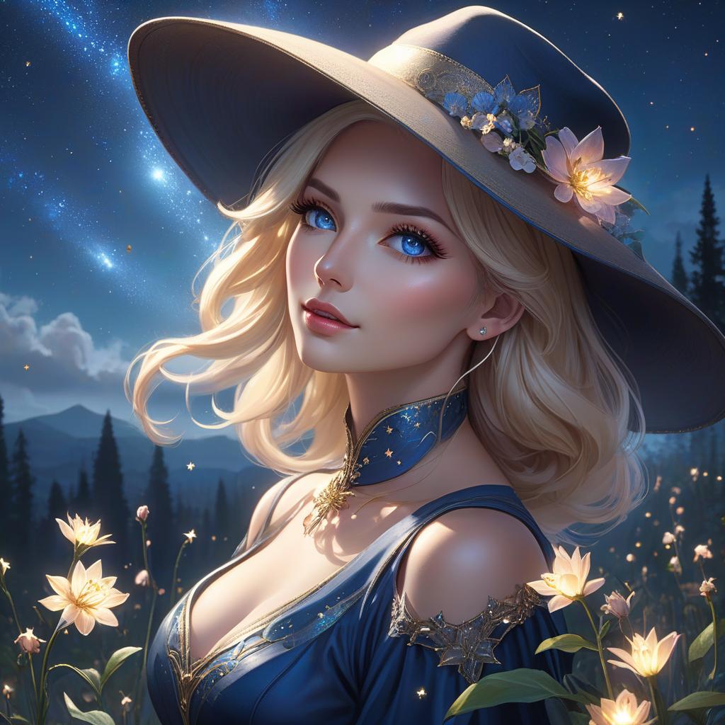  concept art A lady in a hat holding flowers against a beautiful dark blue evening Sky With fireflies and many stars in the sky and the flower he was holding was shining brightly And there are many shooting stars in the sky He has blonde hair and blue eyes, 8k resolution holographic astral cosmic illustration mixed media by Pablo Amaringo . digital artwork, illustrative, painterly, matte painting, highly detailed hyperrealistic, full body, detailed clothing, highly detailed, cinematic lighting, stunningly beautiful, intricate, sharp focus, f/1. 8, 85mm, (centered image composition), (professionally color graded), ((bright soft diffused light)), volumetric fog, trending on instagram, trending on tumblr, HDR 4K, 8K