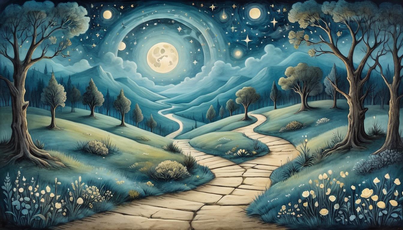  on parchment, surrealism+++, A serene landscape under a starry night sky, ancient pathways illuminated by soft moonlight, signposts of celestial symbols glowing softly, landscape imbued with a sense of reflection, tranquility, spiritual awakening(mysterious, provocative, symbolic,muted color)+++