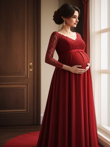  a pregnant woman wearing a red gown, (masterpiece, best quality), intricate details, HDR 4K, 8K