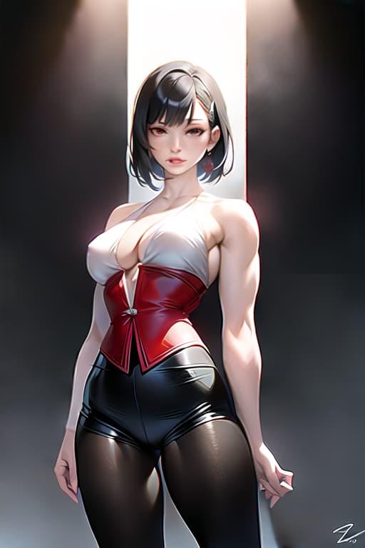  Black hair, berry short hair, beautiful woman, white dress shirt, red corset, black leather pants, muscles, always have Japanese swords, Be sure to draw from the head to the thigh, the background is outdoor, (Masterpiece, BestQuality:1.3), (ultra detailed:1.2), (hyperrealistic:1.3), (RAW photo:1.2),High detail RAW color photo, professional photograph, (Photorealistic:1.4), (realistic:1.4), ,professional lighting, (japanese), beautiful face, (realistic face)