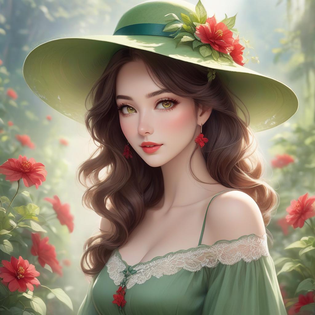  concept art A digital artwork of a young woman with wavy brown hair, wearing a green hat adorned with a red flower, with a soft focus background. Create the image of a young woman with a fair complexion and soft facial features. She has charming almond shaped hazel eyes and full lips that add to her serene expression. Her wavy, dark brown hair falls gracefully under a wide brimmed, light green hat decorated with intricate lace patterns and a delicate red flower. The background merges with her form in a dreamy watercolor blend of green, red and hints of yellow, suggesting a mix of floral and abstract elements. The woman wears an off the shoulder top with a touch of blue, adding to the overall soft and artistic atmosphere of the scene. The  hyperrealistic, full body, detailed clothing, highly detailed, cinematic lighting, stunningly beautiful, intricate, sharp focus, f/1. 8, 85mm, (centered image composition), (professionally color graded), ((bright soft diffused light)), volumetric fog, trending on instagram, trending on tumblr, HDR 4K, 8K