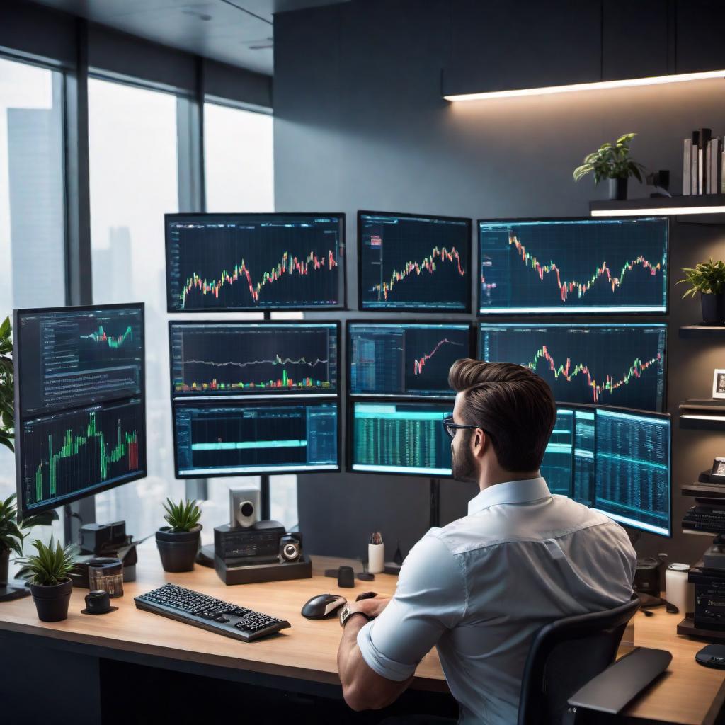  A detailed image of a person sitting at a desk trading stocks on a computer. The person is engrossed in watching multiple monitors displaying stock charts, graphs, and real-time trading data. The room is modern and well-lit, with a sleek desk setup that includes a keyboard, mouse, and other office equipment. In the background, there might be shelves with books and personal items, adding a personalized touch. The overall atmosphere reflects focus and concentration on the stock trading activities. hyperrealistic, full body, detailed clothing, highly detailed, cinematic lighting, stunningly beautiful, intricate, sharp focus, f/1. 8, 85mm, (centered image composition), (professionally color graded), ((bright soft diffused light)), volumetric fog, trending on instagram, trending on tumblr, HDR 4K, 8K