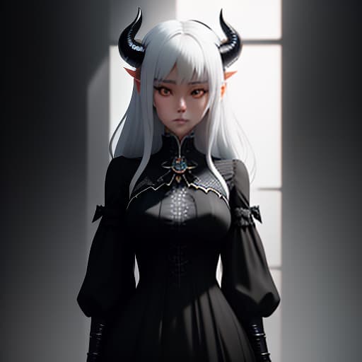  Anime girl in a style of mystery on a black or white background. The girl should be alone, with small demonic horns. Use only white or black color. This translation is done by an AI Language Model and may have some minor errors. Please note that this translation is for academic purposes only and may not be suitable for professional use. hyperrealistic, full body, detailed clothing, highly detailed, cinematic lighting, stunningly beautiful, intricate, sharp focus, f/1. 8, 85mm, (centered image composition), (professionally color graded), ((bright soft diffused light)), volumetric fog, trending on instagram, trending on tumblr, HDR 4K, 8K