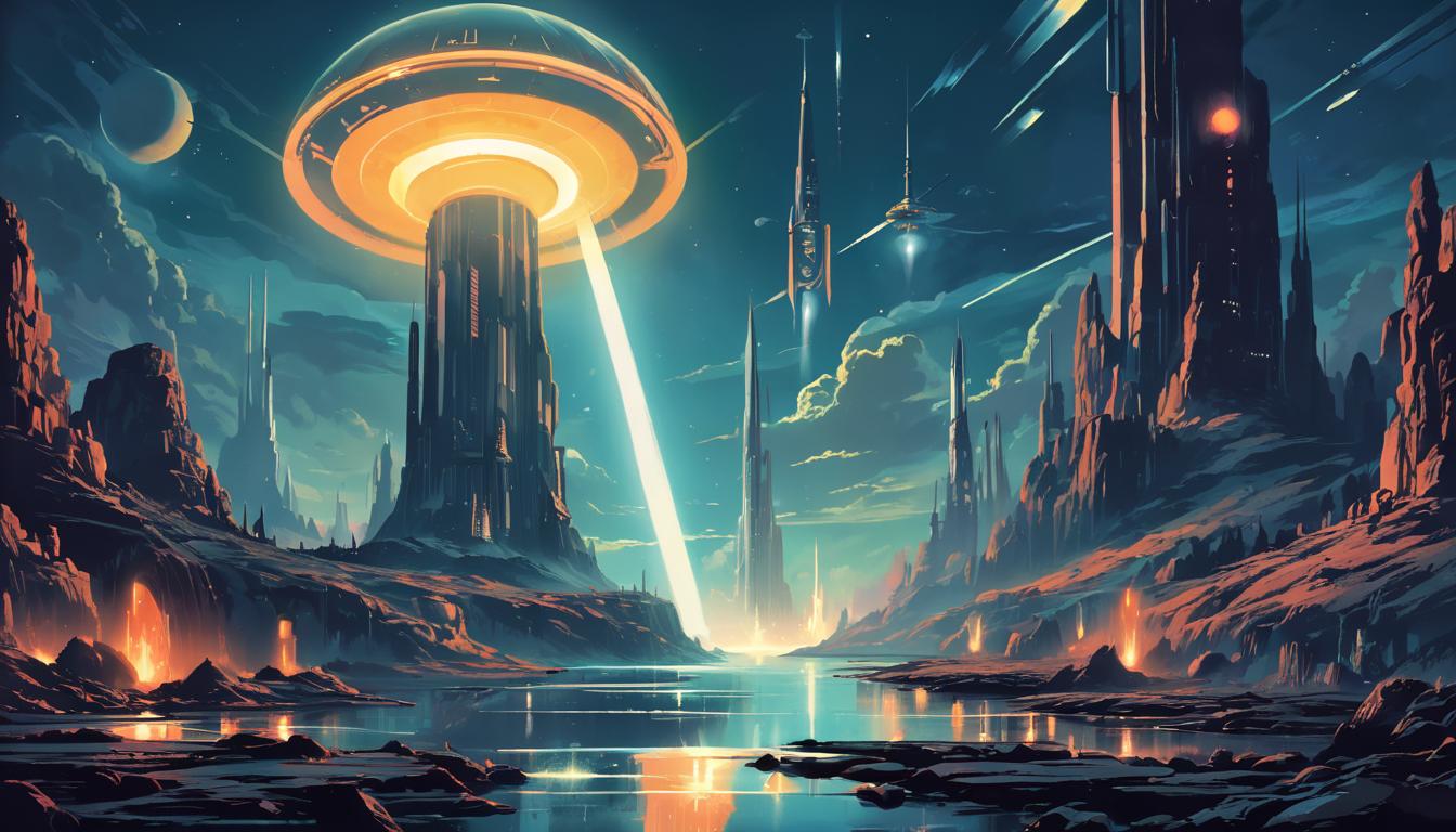  retro futuristic Beacon of light, dark landscape, hope and transformation. lvintage sci fi, 50s and 60s style, atomic age, vibrant, highly detailed