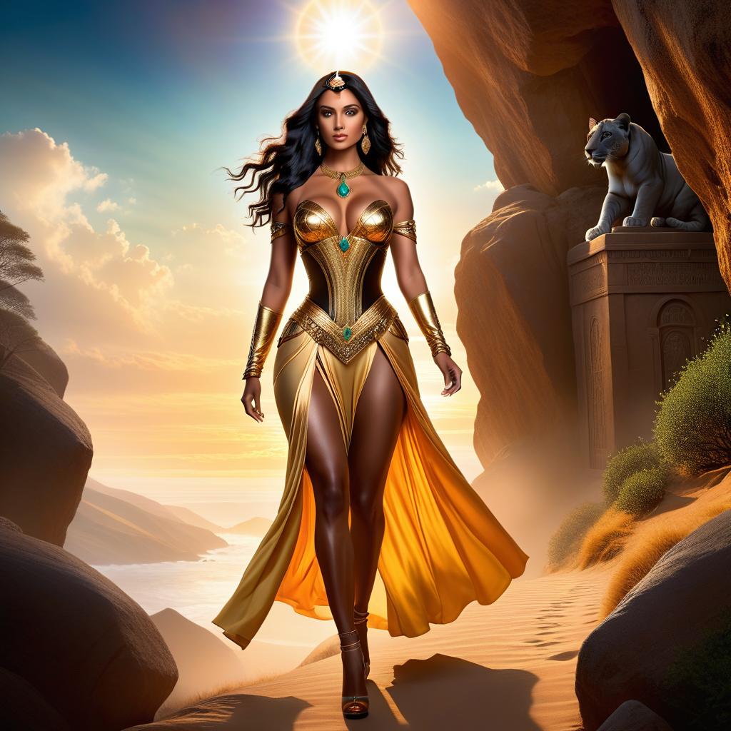  ethereal fantasy concept art of The woman was walking up a rocky slope, following a path known to her alone. She had mocha coloured skin and straight, shiny black hair to her waist. The woman walked surrounded by leopards, climbing higher and higher and heading for the tomb at the top. Her silhouette seemed to shake like a mirage above the sun hot sand. . magnificent, celestial, ethereal, painterly, epic, majestic, magical, fantasy art, cover art, dreamy hyperrealistic, full body, detailed clothing, highly detailed, cinematic lighting, stunningly beautiful, intricate, sharp focus, f/1. 8, 85mm, (centered image composition), (professionally color graded), ((bright soft diffused light)), volumetric fog, trending on instagram, trending on tumblr, HDR 4K, 8K