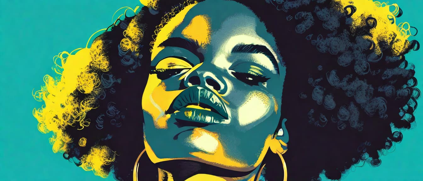  best quality, HD, African American woman with voluminous afro hair in a pop art style with bold color contrasts of dark cyan and yellow. Perfect for graphic design projects