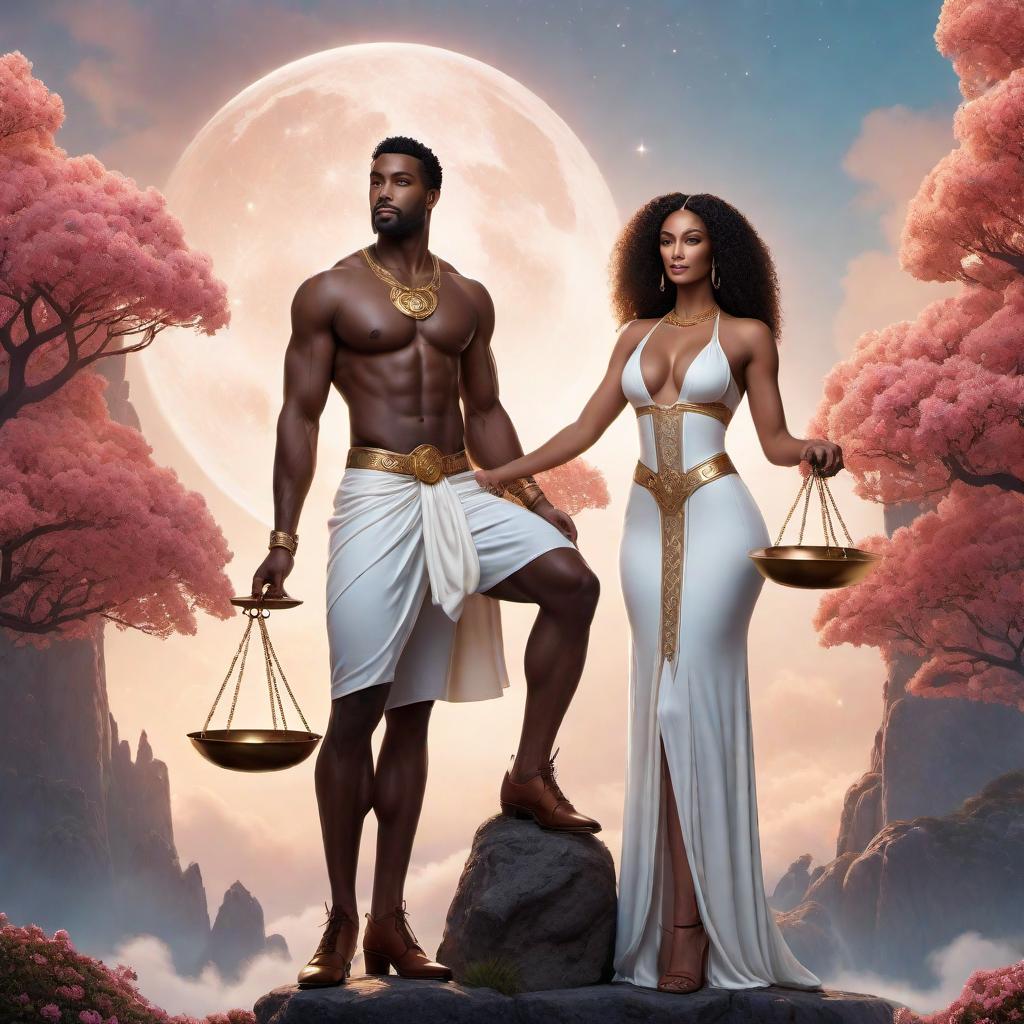  Enchanting couple, one black male and one white female, holding a scale together as a symbol of balance in the sign of Libra zodiac, lofi fantasy style. The couple should have harmonious and balanced appearances, with soft, dreamy, and relaxed lofi elements. Include celestial or cosmic background details to create an enchanting atmosphere. hyperrealistic, full body, detailed clothing, highly detailed, cinematic lighting, stunningly beautiful, intricate, sharp focus, f/1. 8, 85mm, (centered image composition), (professionally color graded), ((bright soft diffused light)), volumetric fog, trending on instagram, trending on tumblr, HDR 4K, 8K