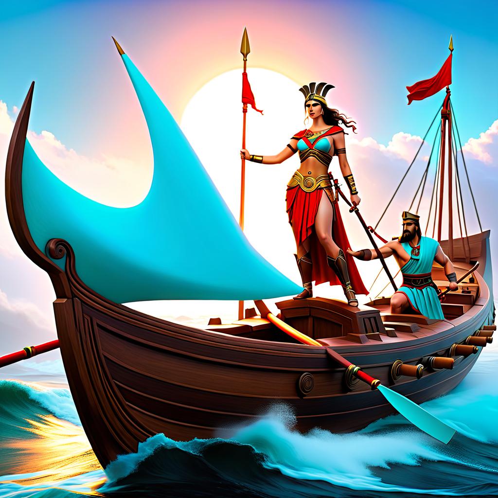  ethereal fantasy concept art of Big ancient Greek the trireme with oars . magnificent, celestial, ethereal, painterly, epic, majestic, magical, fantasy art, cover art, dreamy hyperrealistic, full body, detailed clothing, highly detailed, cinematic lighting, stunningly beautiful, intricate, sharp focus, f/1. 8, 85mm, (centered image composition), (professionally color graded), ((bright soft diffused light)), volumetric fog, trending on instagram, trending on tumblr, HDR 4K, 8K