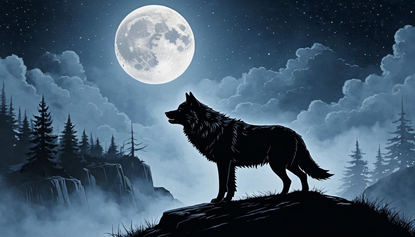  （surrealism)A wolf howling at the moon, silhouette against a starry sky, muscles tense and defined, foreground of rugged terrain, echoing howl, power, independence mystic, intricate details, best quality)