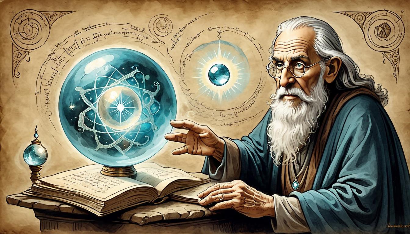  on parchment, surrealism+++, A wise old sage, eyes glowing with ethereal light, holding a crystal ball, profound expression, mystical symbols swirling around, sense of foresight, wisdom(mysterious, provocative, symbolic,muted color)+++