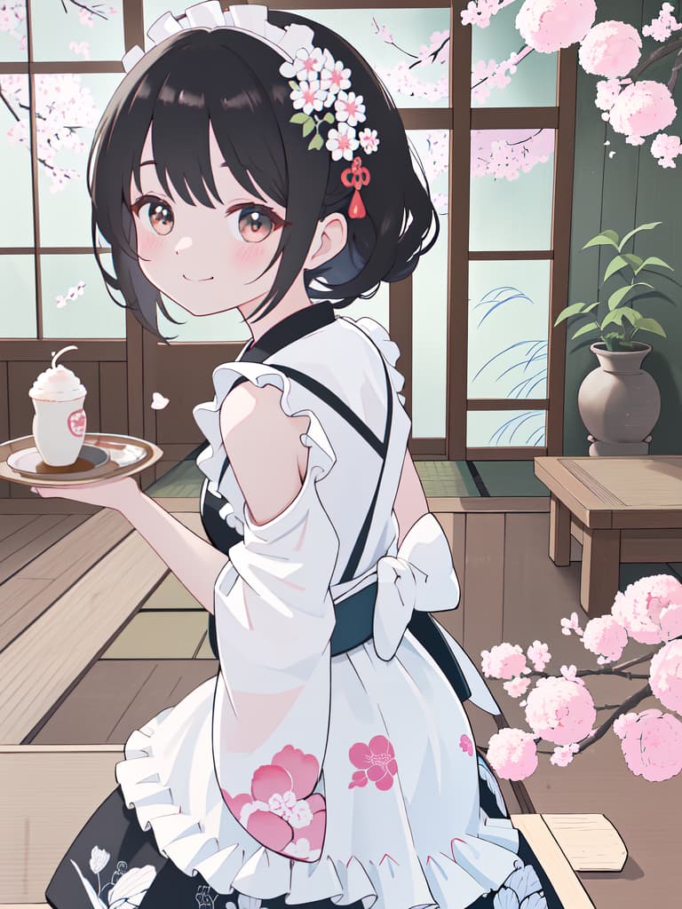  Japanese Painting Style, FRILL APRON, BARE SHOULDER, CARRY A TRAY, HAPPY SMILE, Japanese Cafe, Best Quality: 1.4, ULTRA DETALED EXTURE, Raw PhotOREALISTIC, Absurd Resolution, 8k Illustration, 💩: 1.0, 💩: 2.0, 💩, 💩, 💩,, masterpiece, best quality,8k,ultra detailed,high resolution,an extremely delicate and beautiful,hyper detail