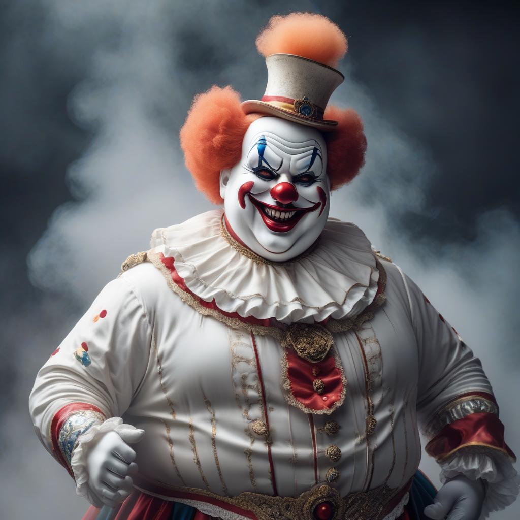  create an art of a chubby good clown in a white porcelain mask hyperrealistic, full body, detailed clothing, highly detailed, cinematic lighting, stunningly beautiful, intricate, sharp focus, f/1. 8, 85mm, (centered image composition), (professionally color graded), ((bright soft diffused light)), volumetric fog, trending on instagram, trending on tumblr, HDR 4K, 8K