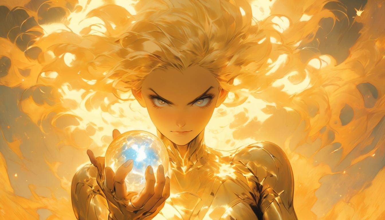  hyperrealism,fantasy aesthetic1woman, large busted attractive blonde arian female humanoid, radiant golden dress, holding a crystal ball, surrounded by celestial beings, harmonious glow, high tech clothing clad in sleek, futuristic costume with metallic accents and form fitting designs, marvel superhero comics style, unreal engine rendering