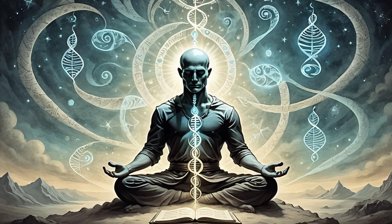  on parchment, surrealism+++, Figure in meditation pose, surrounded by glowing DNA strands, serene background, soft cosmic light, peaceful and focused(mysterious, provocative, symbolic,muted color)+++