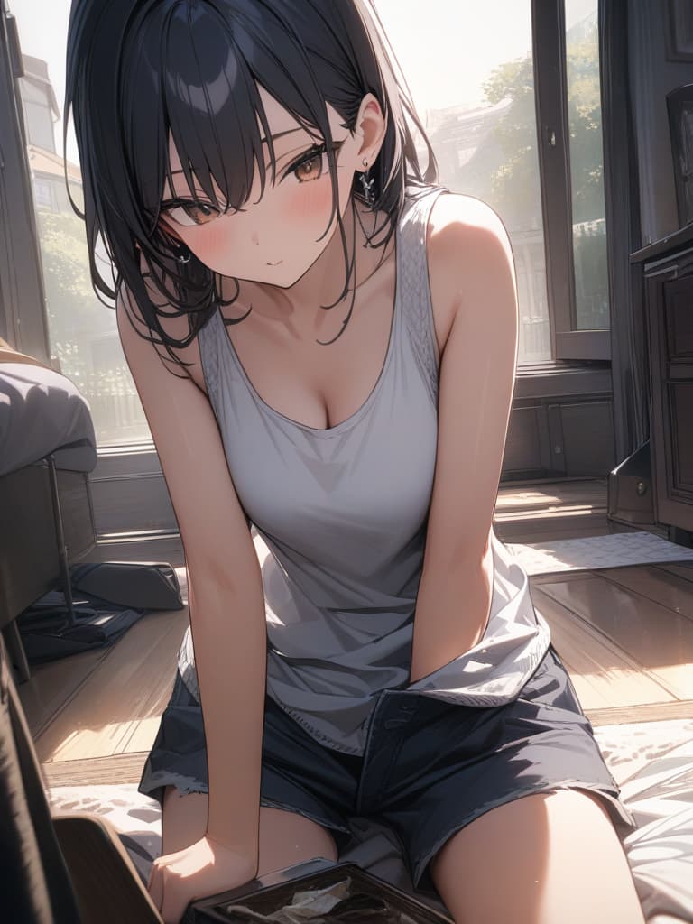  Cute, , black hair, earrings, , shorts, tobacco, tank top, room, masterpiece, best quality,8k,ultra detailed,high resolution,an extremely delicate and beautiful,hyper detail