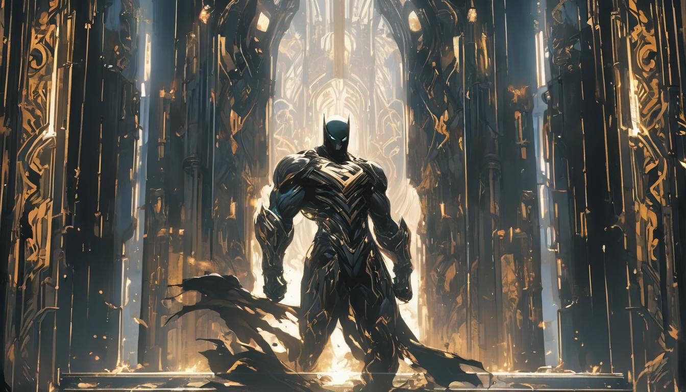  hyperrealism,fantasy aestheticA fortified gate, iron bars, intricate designs, guarded, strong, protected, high tech clothing clad in sleek, futuristic costume with metallic accents and form fitting designs, marvel superhero comics style, unreal engine rendering