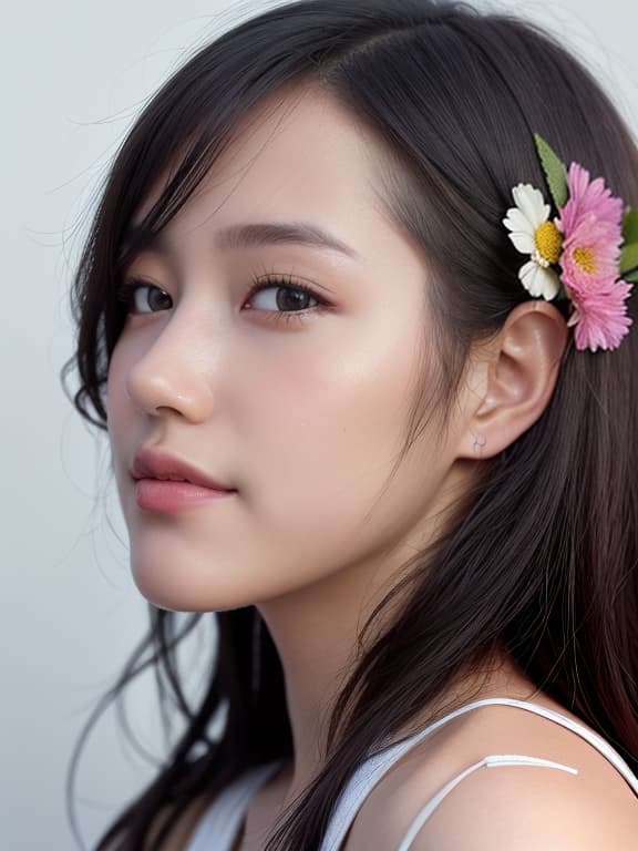  (wearing clothes:1), (Don't expose skin:1), A cute girl, a beautiful profile, surrounded by flowers, smiling, flowering flowers, paint on the face, (Masterpiece, BestQuality:1.3), (ultra detailed:1.2), (hyperrealistic:1.3), (RAW photo:1.2),High detail RAW color photo, professional photograph, (Photorealistic:1.4), (realistic:1.4), ,professional lighting, (japanese), beautiful face, (realistic face)