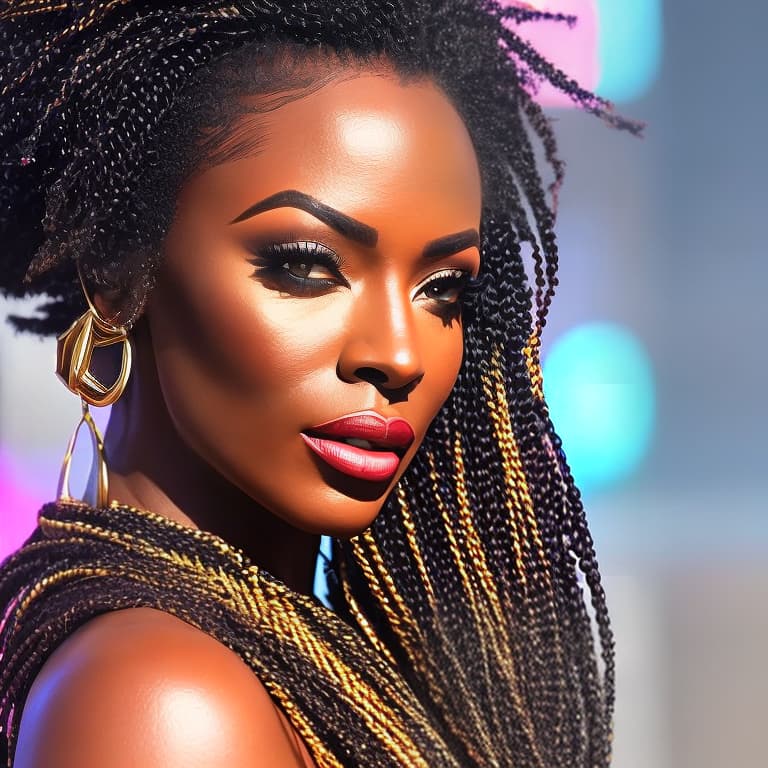 nvinkpunk close up of African woman with braids, wearing gold, Afro comb in her hair hyperrealistic, full body, detailed clothing, highly detailed, cinematic lighting, stunningly beautiful, intricate, sharp focus, f/1. 8, 85mm, (centered image composition), (professionally color graded), ((bright soft diffused light)), volumetric fog, trending on instagram, trending on tumblr, HDR 4K, 8K