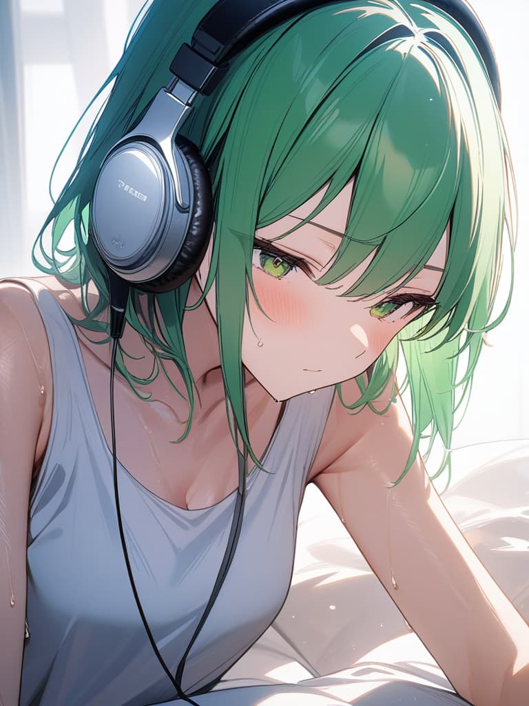  Lie in a white tank top with a sweaty girl with a green hair short hair with headphones, masterpiece, best quality,8k,ultra detailed,high resolution,an extremely delicate and beautiful,hyper detail