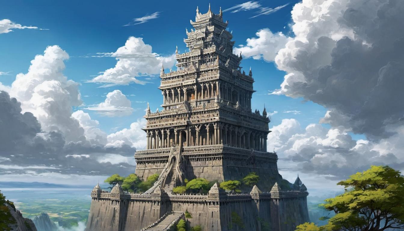  digital painting of A colossal tower reaching towards the heavens, intricate stonework, surrounded by smaller structures, symbolizing human ambition and defiance against divine rule, grand, imposing looking at viewer, dynamic pose, (intricate details, masterpiece, best quality)