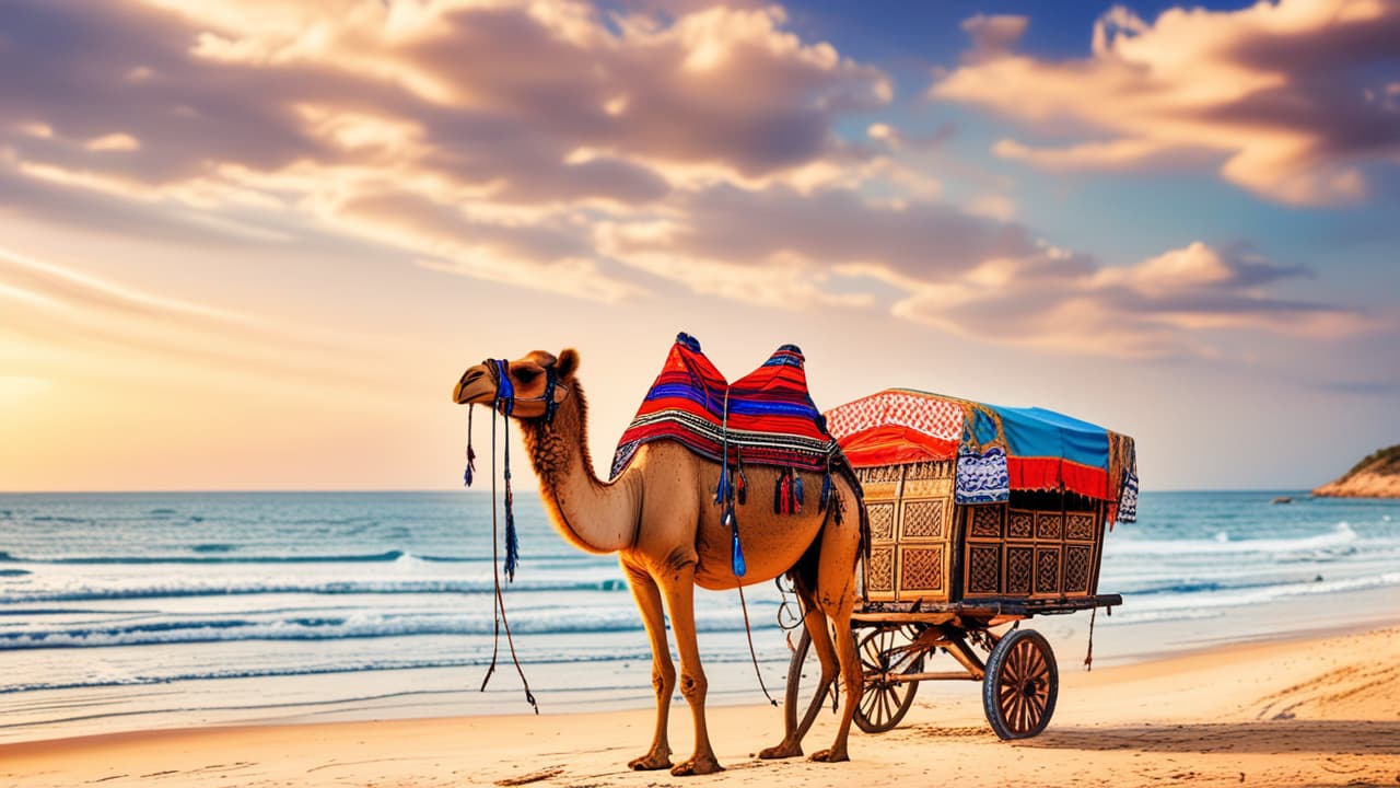  best quality, HD, Beach summer panoramic background with Camel cart on the sand