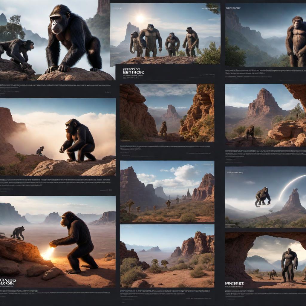  A detailed step-by-step guide on how to create an Instagram reel describing how extraterrestrials created mankind out of apes to be their workers. The storyboard for the video includes scenes of extraterrestrials arriving on ancient Earth, advanced beings performing genetic manipulation on apes, ancient civilizations with advanced technology, and shadowy figures as modern-day controllers. This visualization should be divided into clear sections for each stage of creating the reel: gathering visuals, recording voiceover, editing, text overlays, final touches, and posting. hyperrealistic, full body, detailed clothing, highly detailed, cinematic lighting, stunningly beautiful, intricate, sharp focus, f/1. 8, 85mm, (centered image composition), (professionally color graded), ((bright soft diffused light)), volumetric fog, trending on instagram, trending on tumblr, HDR 4K, 8K