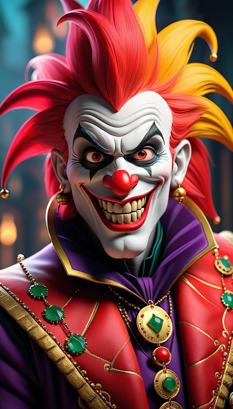  Professional 3D model of a sinister jester in a dark carnival. Dark, mysterious, scary, haunting, dramatic, ornate, detailed. . Rendered with Octane, the model is highly detailed,dramatic lighting. hyperrealistic, full body, detailed clothing, highly detailed, cinematic lighting, stunningly beautiful, intricate, sharp focus, f/1. 8, 85mm, (centered image composition), (professionally color graded), ((bright soft diffused light)), volumetric fog, trending on instagram, trending on tumblr, HDR 4K, 8K