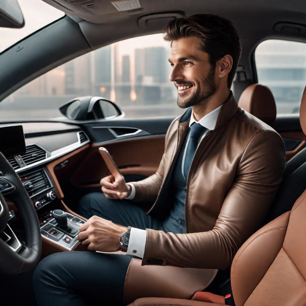  Interior of a 2015 Audi A6 in motion. The scene is captured by a camera mounted inside, directed at the passengers. The driver is behind the wheel, simultaneously driving and talking on a phone, holding it to his ear with his right hand. In the back seat, there are two passengers: one is busy with his smartphone, scrolling through a feed or checking messages. The second passenger, sitting behind next to the window, is looking straight at the camera and smiling, making direct contact with the viewer. The atmosphere is filled with the natural feel of a daily commute, where everyone is immersed in their own activities, but the third passenger creates a sense of direct interaction with the viewer. hyperrealistic, full body, detailed clothing, highly detailed, cinematic lighting, stunningly beautiful, intricate, sharp focus, f/1. 8, 85mm, (centered image composition), (professionally color graded), ((bright soft diffused light)), volumetric fog, trending on instagram, trending on tumblr, HDR 4K, 8K